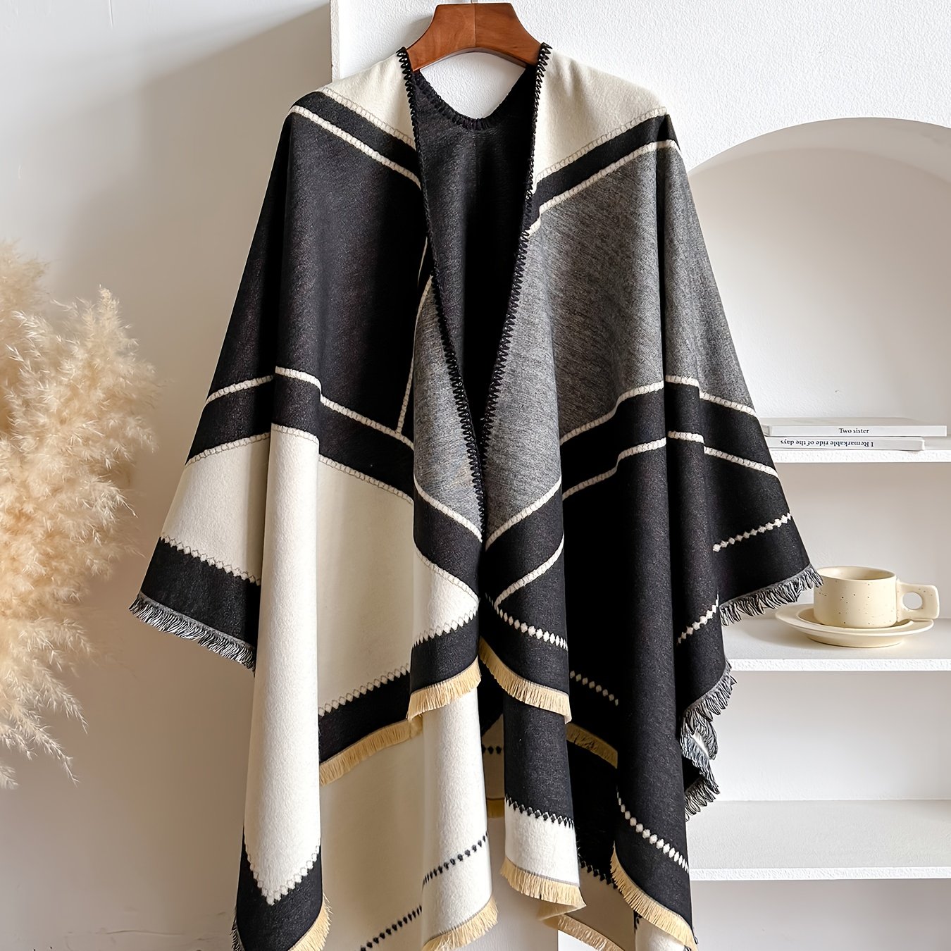 TEMU Plus Size, Plus-size Women's Autumn/winter Warm Cape, Featuring Stylish Plaid Double-sided Print, Classic And Versatile, Suitable For Office