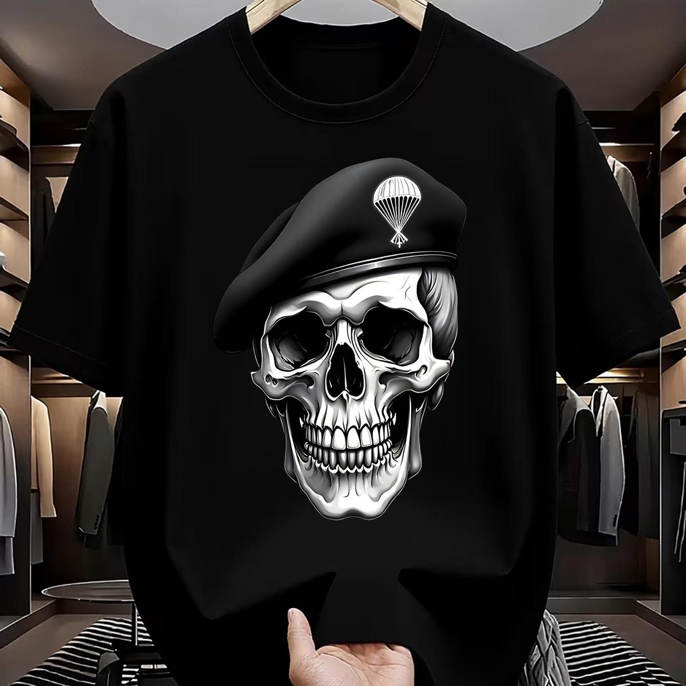 TEMU ! Beret Skull Military-style Skull Casual Short-sleeve T-shirt, Unisex For Men And Women, Comfortable Material, Short-sleeve Top, Suitable For ,