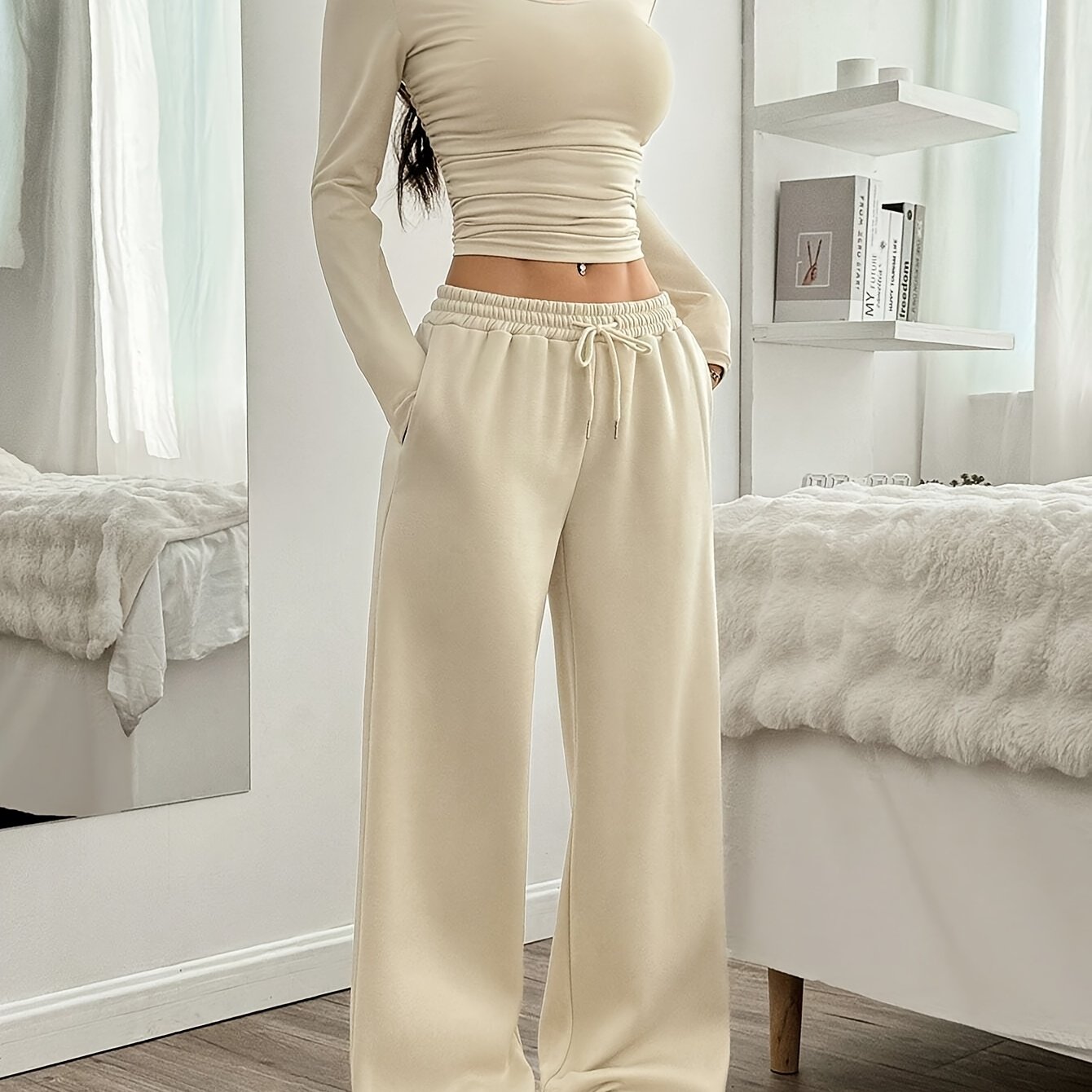 Image of Spring/autumn 2pcs Women's Casual Solid Color Pleated Round Neck Short T-shirt And Wide-leg Drawstring Waist Pants Set