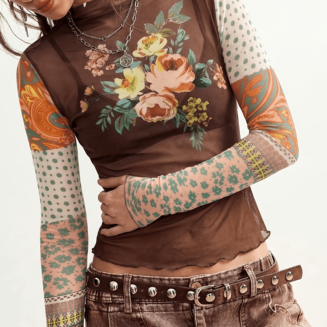 TEMU Bohemian Vintage Color-block Spring/autumn Women's Clothing Ethnic Style Printed Sheer Mesh High-neck Inner Layer Slim Long Sleeve T-shirt Top