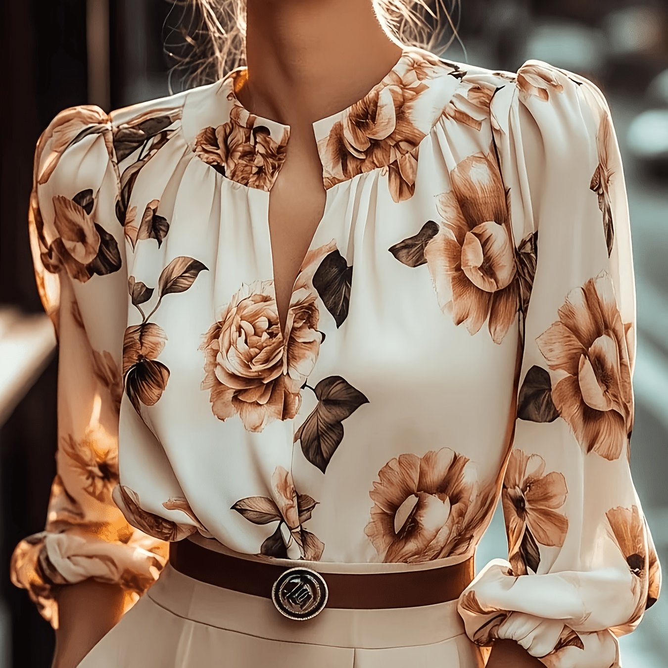TEMU Retro Print Satin Shirt, Elegant Collar Puff Sleeves, And High-end Long-sleeved Top For Commuting, Light Luxury Shirt, Loose And Draped V-neck,