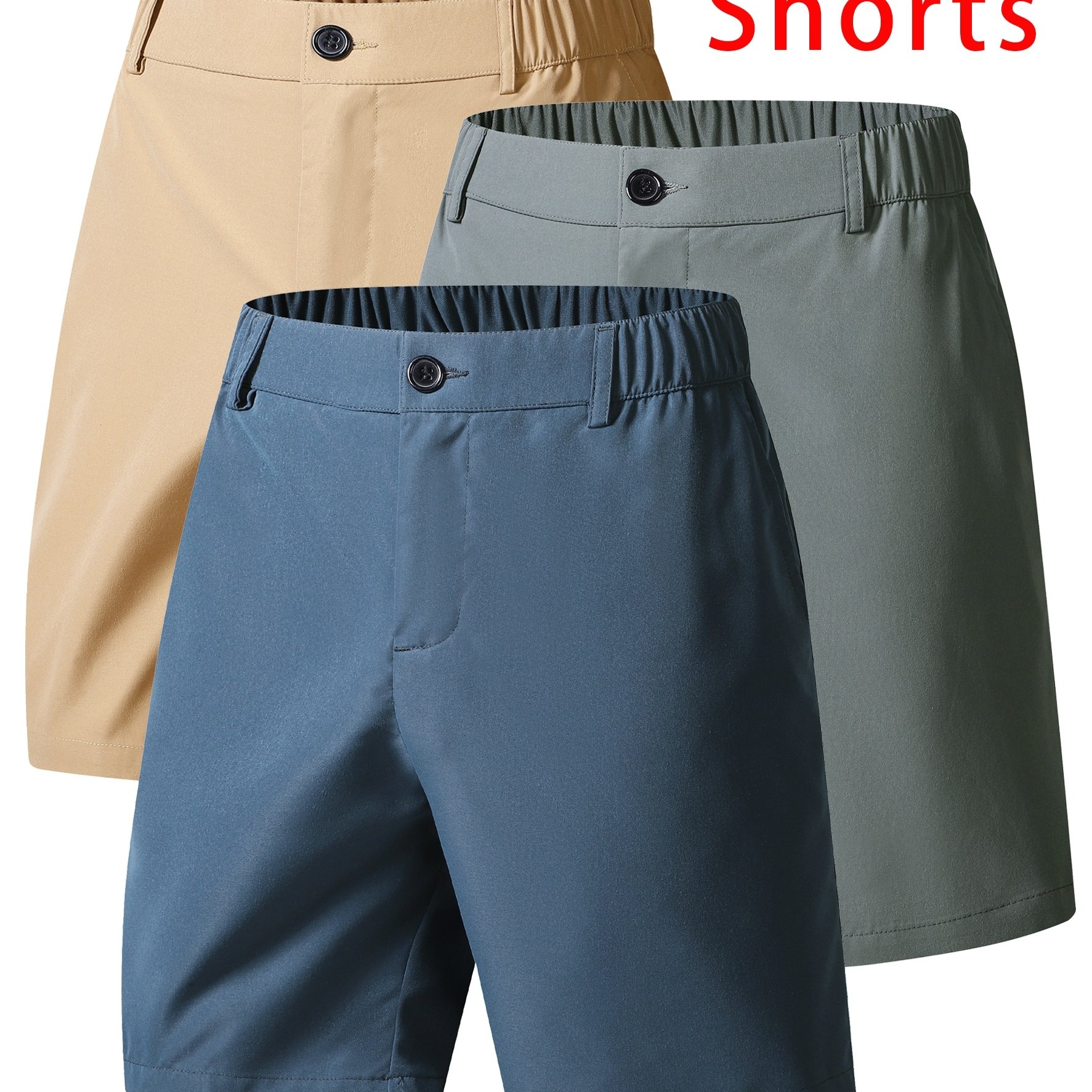 TEMU Men's 3pcs -free Casual Shorts, Zip Fly Elastic Waist, Breathable 5 Inch Shorts For Business Gym Daily Wear Chino Shorts