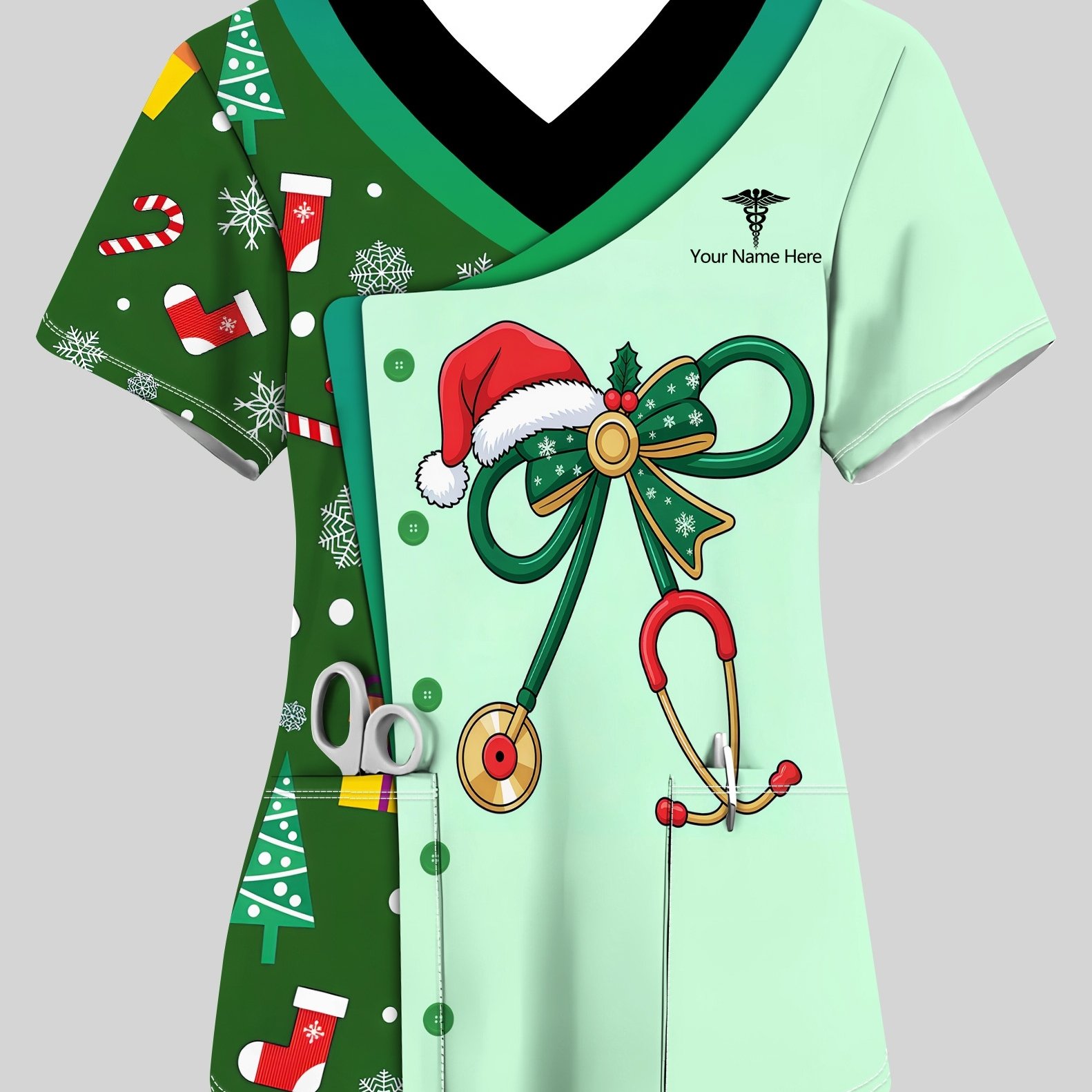 TEMU Uniformes de cuidador personalizados con estampado navideño, trajes de enfermera personalizados, camisetas con estampado de gorro navideño, ropa