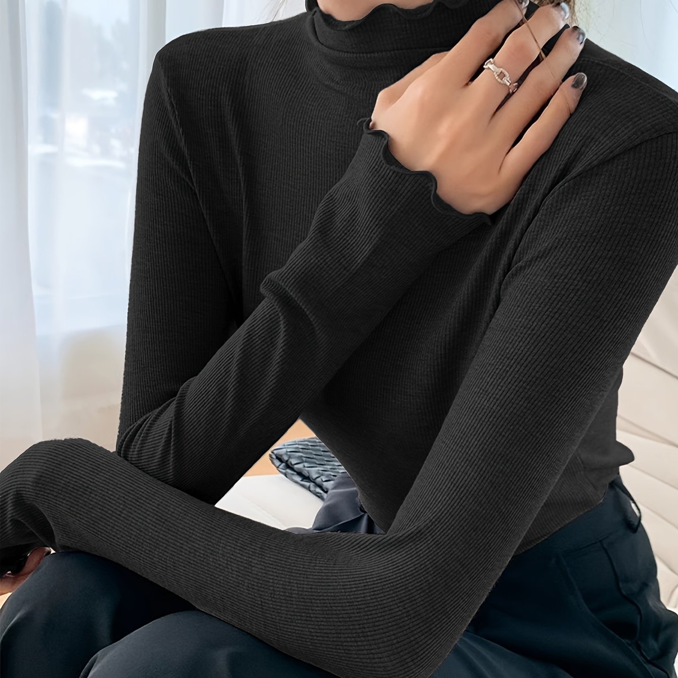 Fungus Edge Base Shirt For Women, With Spring And Autumn Underwear, Half High Neck Long Sleeved T-shirt, Threaded Slim Fit Sexy Top