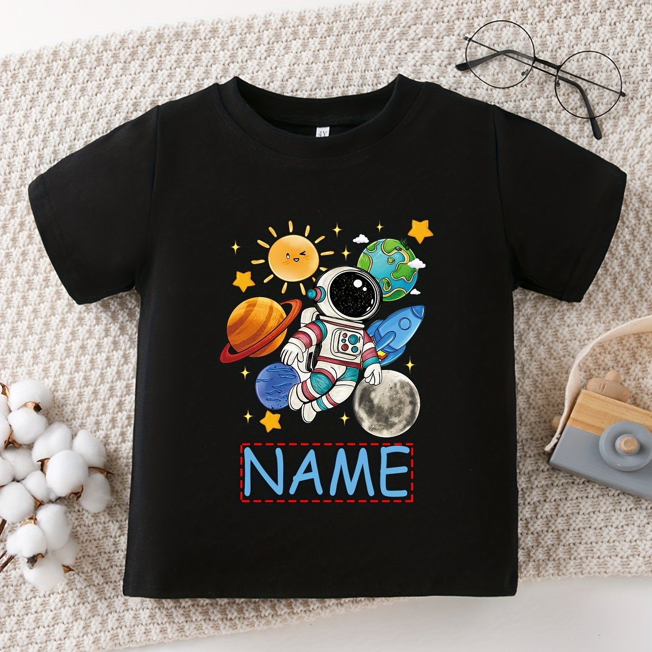Short Sleeved Boy Name Customization And Versatile Comfortable Round Neck T-shirt With Planet And Astronaut Pattern Printing