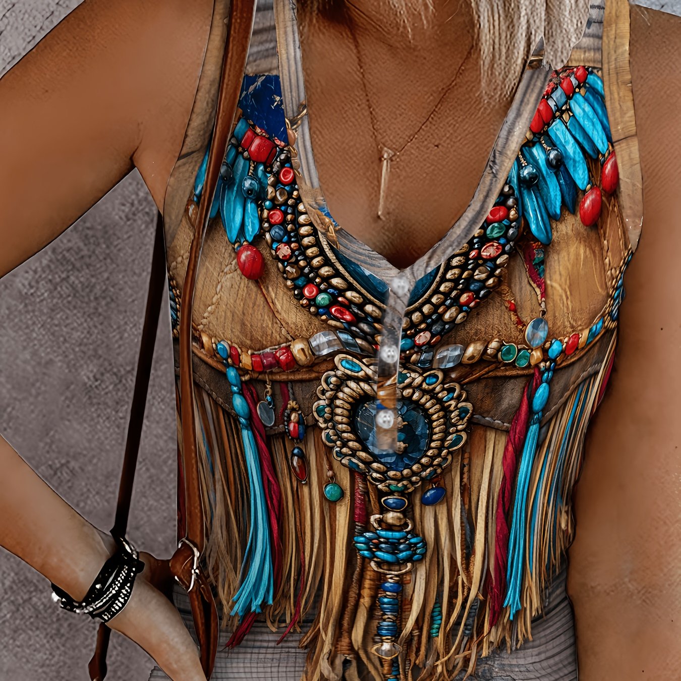 TEMU Women's Bohemian Tassel Sleeveless Vest Ethnic Style Gem Print V-neck Button Top Retro Western Casual Versatile Summer Women's Fashion Print