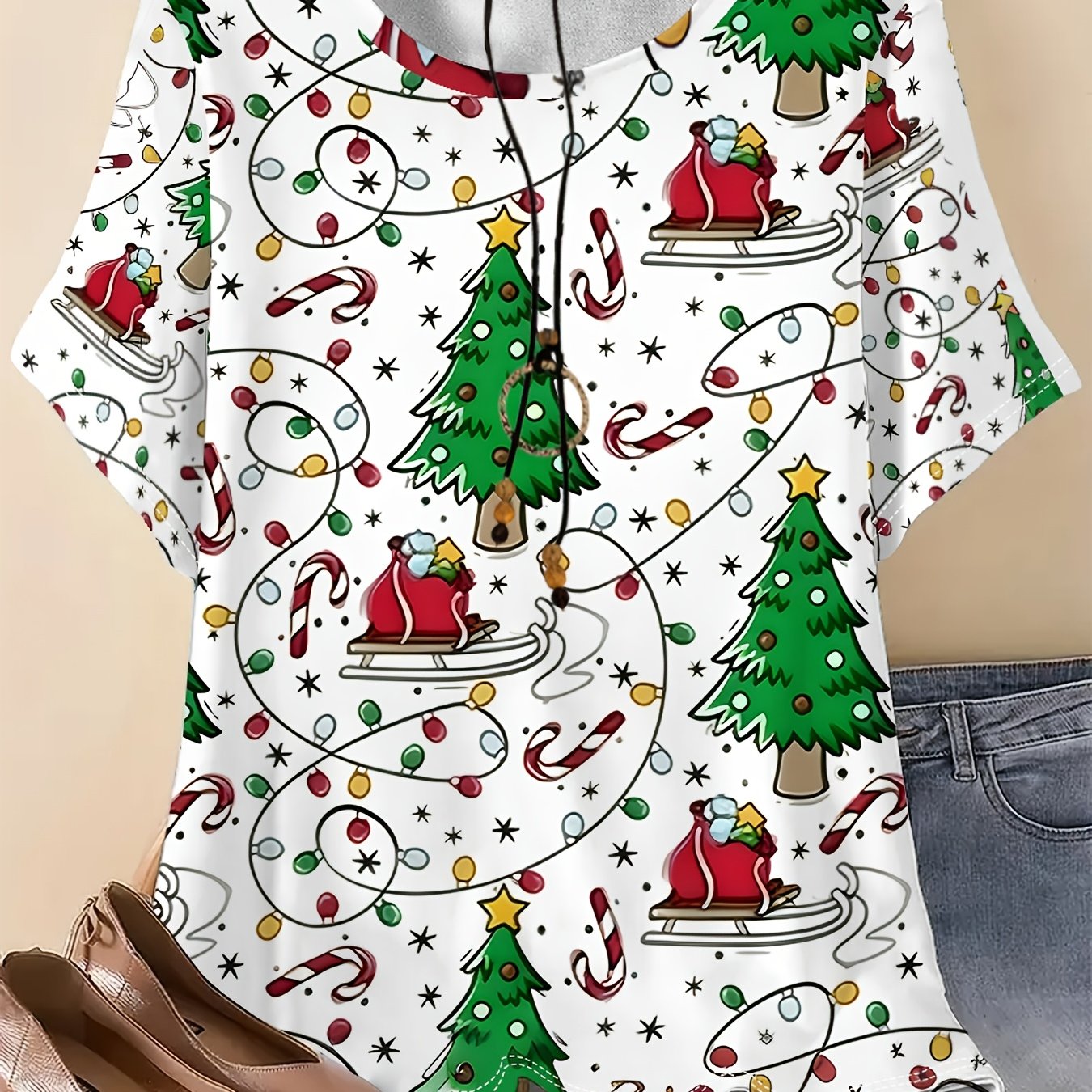 TEMU Plus Size - Plus Size - Women's Casual Crew Neck Sweatshirt - Christmas Tree Print - Made From Soft, Machine-washable Fabric, Holiday And