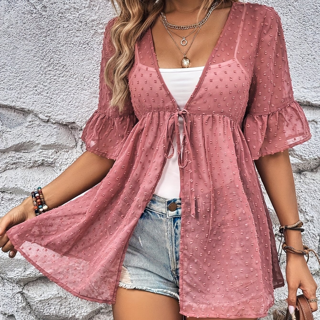 Image of Plus Size Women's Dot Ruffle Sleeve Tie-front Blouse Without Camisole