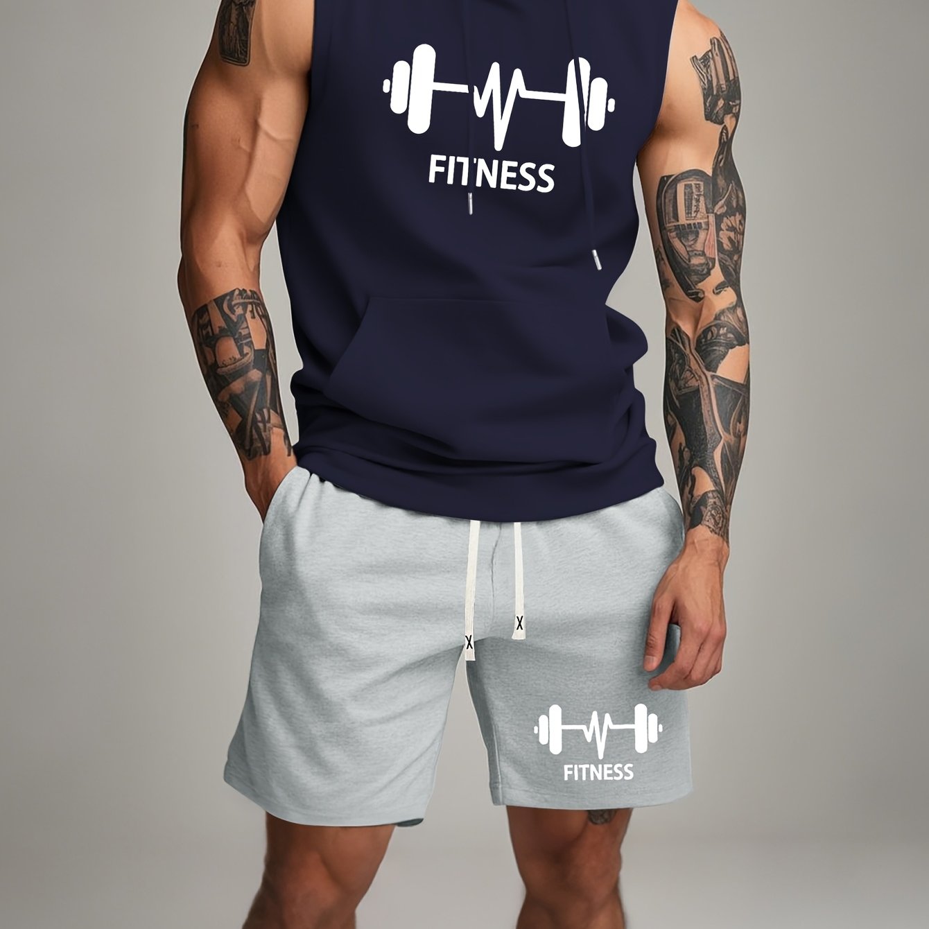 TEMU Summer Streetwear Brand Vacation Simple Stretchy Printed Minimalist Sporty Casual Full-body Hooded Tank Top And Shorts Set, Gym Shorts, Gym Set,