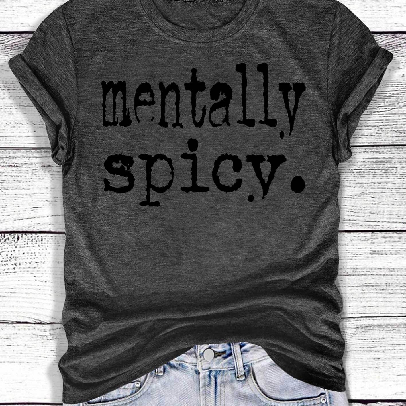 TEMU Easy Cute Elegant Party " Spicy" Text Print Round Neck Casual Retro Style, Women's Spring Summer Casual Athletic Style, Top Comfortable Soft