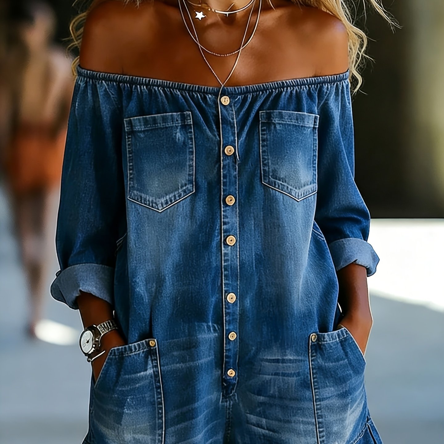 TEMU Summer New Women's Retro Age Reducing Lazy Style Polyester Printed Jumpsuit Shorts, Fashionable And Elegant Off Shoulder Long Sleeved Single