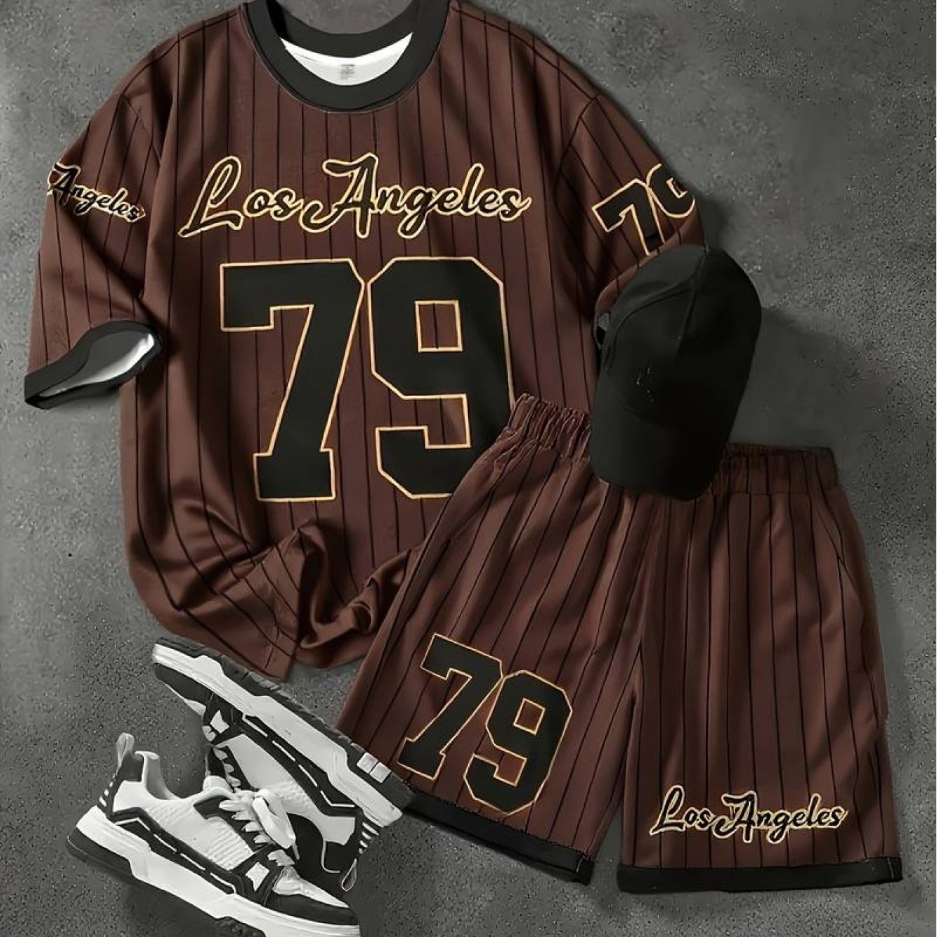 TEMU Men's Athletic Striped Set, Number And Letter Print Short Sleeve T-shirt And Matching Drawstring Shorts 2pcs Outfit