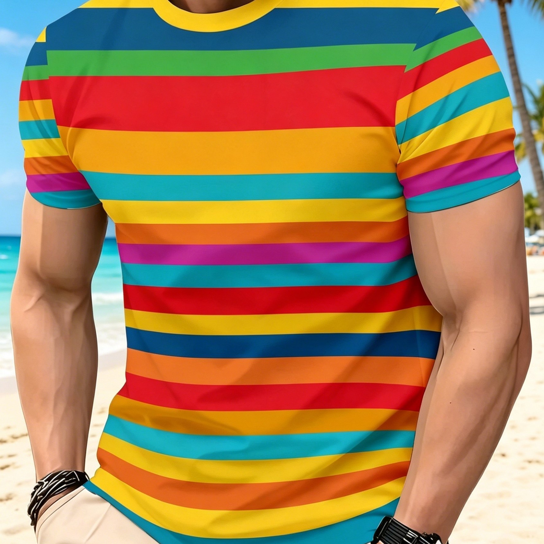 TEMU [printed Design - Not Textured] Men's Casual Spring/summer Printed Short-sleeve Round Neck T-shirt, Colorful Stripes, New Fabric Design,
