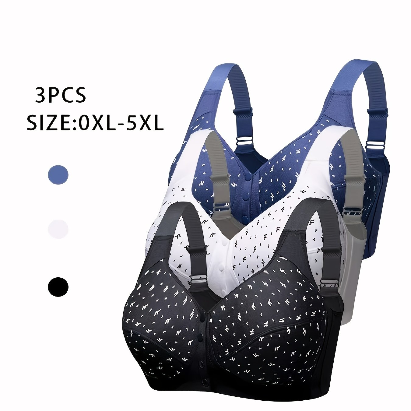 TEMU 3pcs Plus Size Wire-free Bras, Floral Print, No Padding, Comfortable And Breathable Underwear, Front Closure Design For Easy