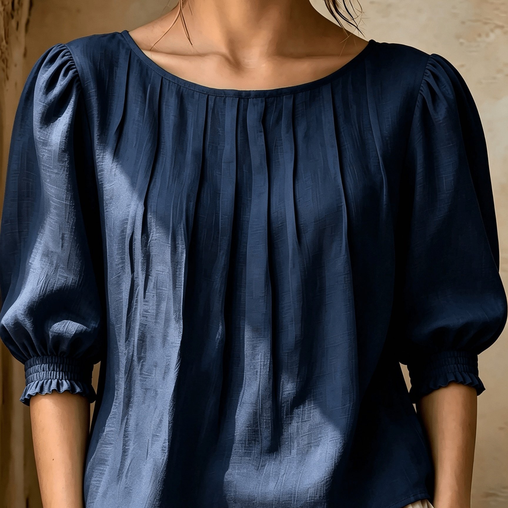 TEMU Women's Round Neck Puff Sleeve Top, Three-quarter Sleeve Loose Fit Commuter Elegant Blouse