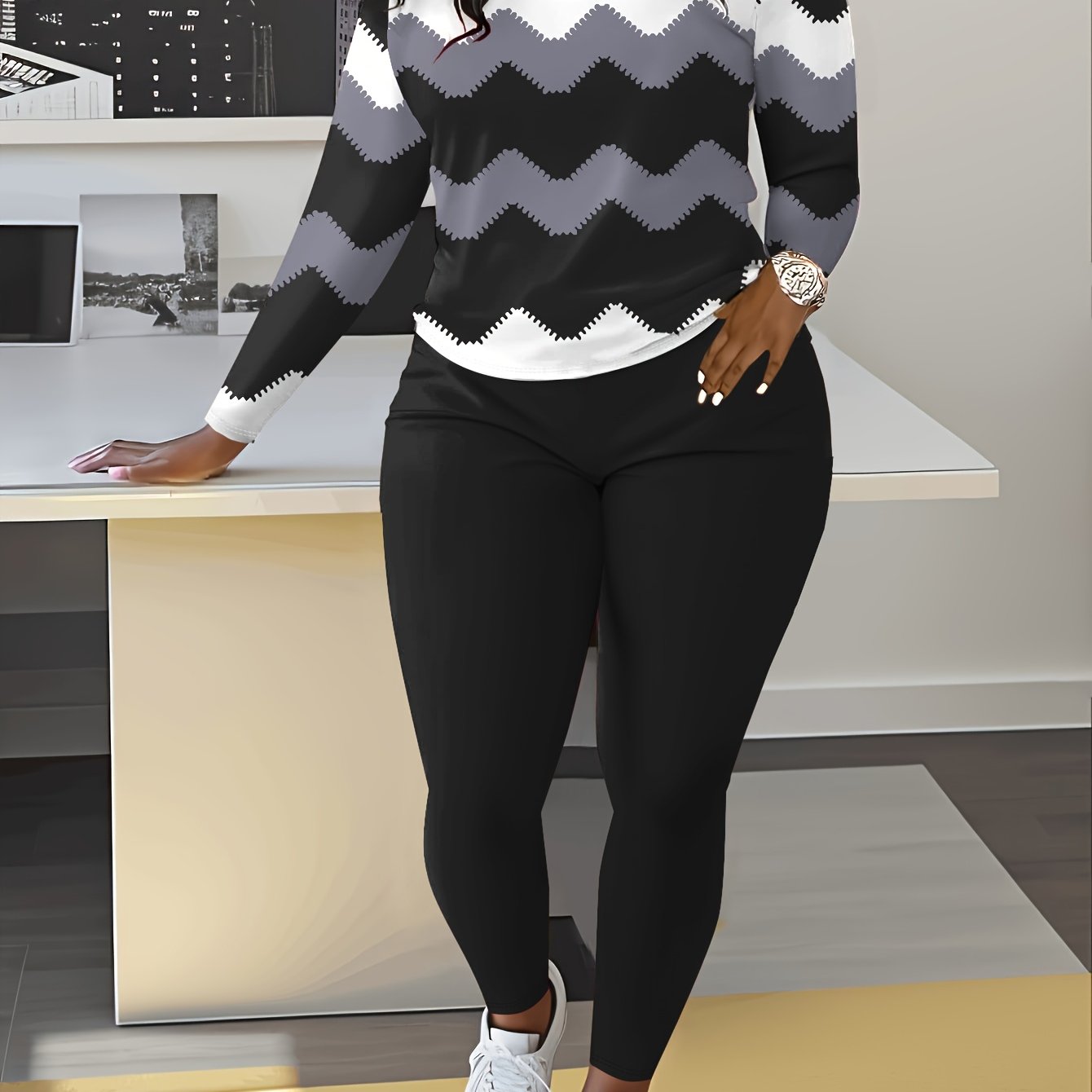 TEMU Ensemble pièces pour femme automne-hiver décontracté à manches longues et col rond, pantalon à imprimé rayé et coloré à dents, idéal pour et
