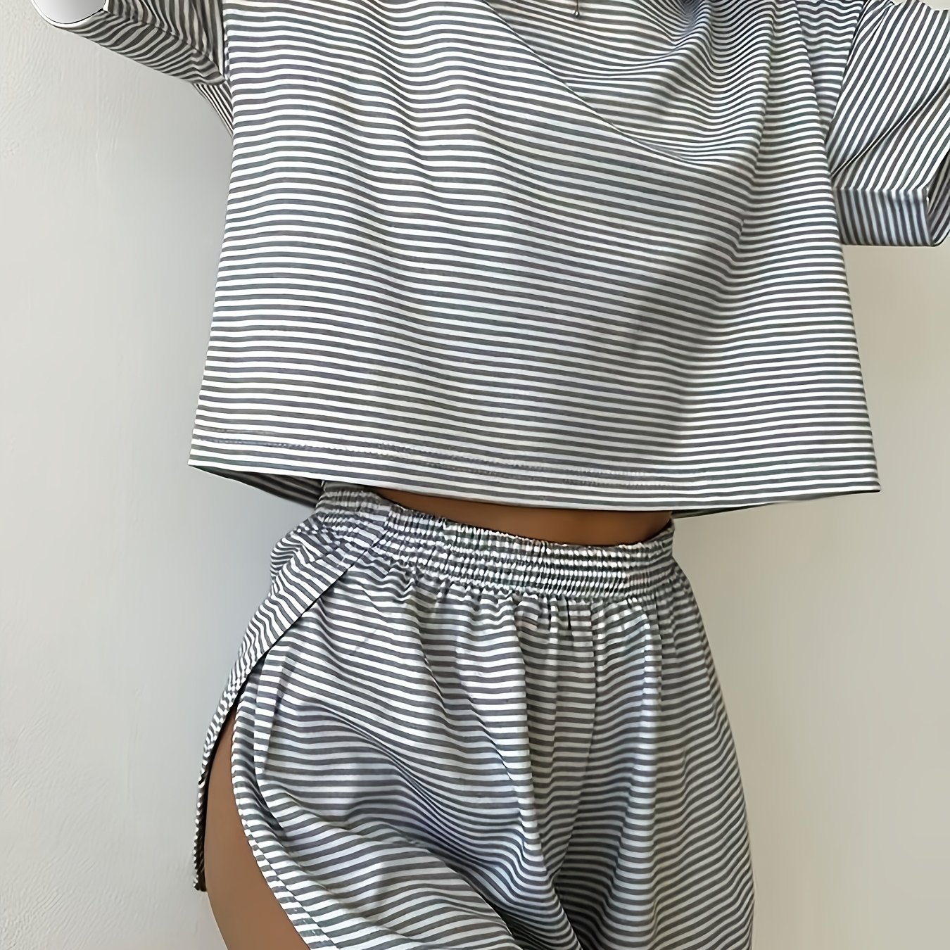 TEMU Women's Casual Gray & White Striped Two-piece Shorts Set - Soft Polyester Blend, Short Sleeve Crop Top & High-waisted Shorts, , Relaxed Fit, Casual Wear|striped Design|polyester Blend