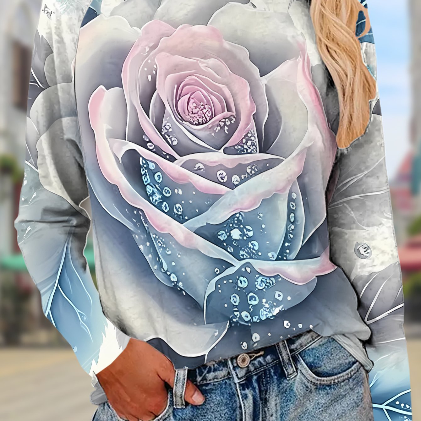 TEMU Women's Long-sleeve T-shirt With Rose Print, Stylish And Casual, Made Of, Wear