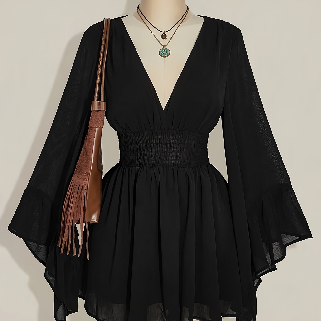 TEMU Plus Size, /summer Plus Size Women's Long Sleeve Chiffon Dress, Solid Color Casual Flowy Women's Mini Skirt