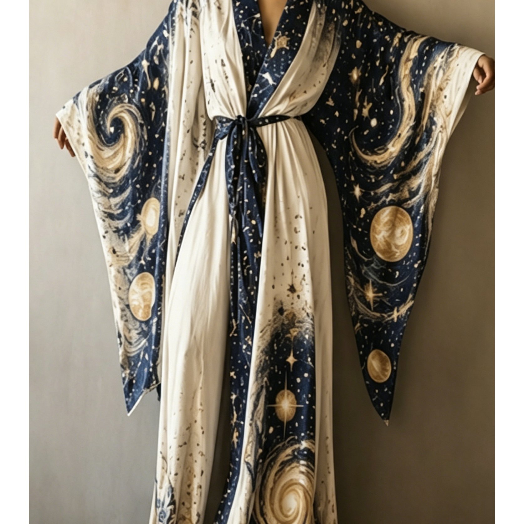 Image of Elegant Women's Kimono-style Long Bathrobe, With A And Space Print, Wide-sleeve Design, And A Wide Waist Belt. Machine Washable, Perfect For Casual Wear, Beach Vacations, Home Relaxation, And Travel