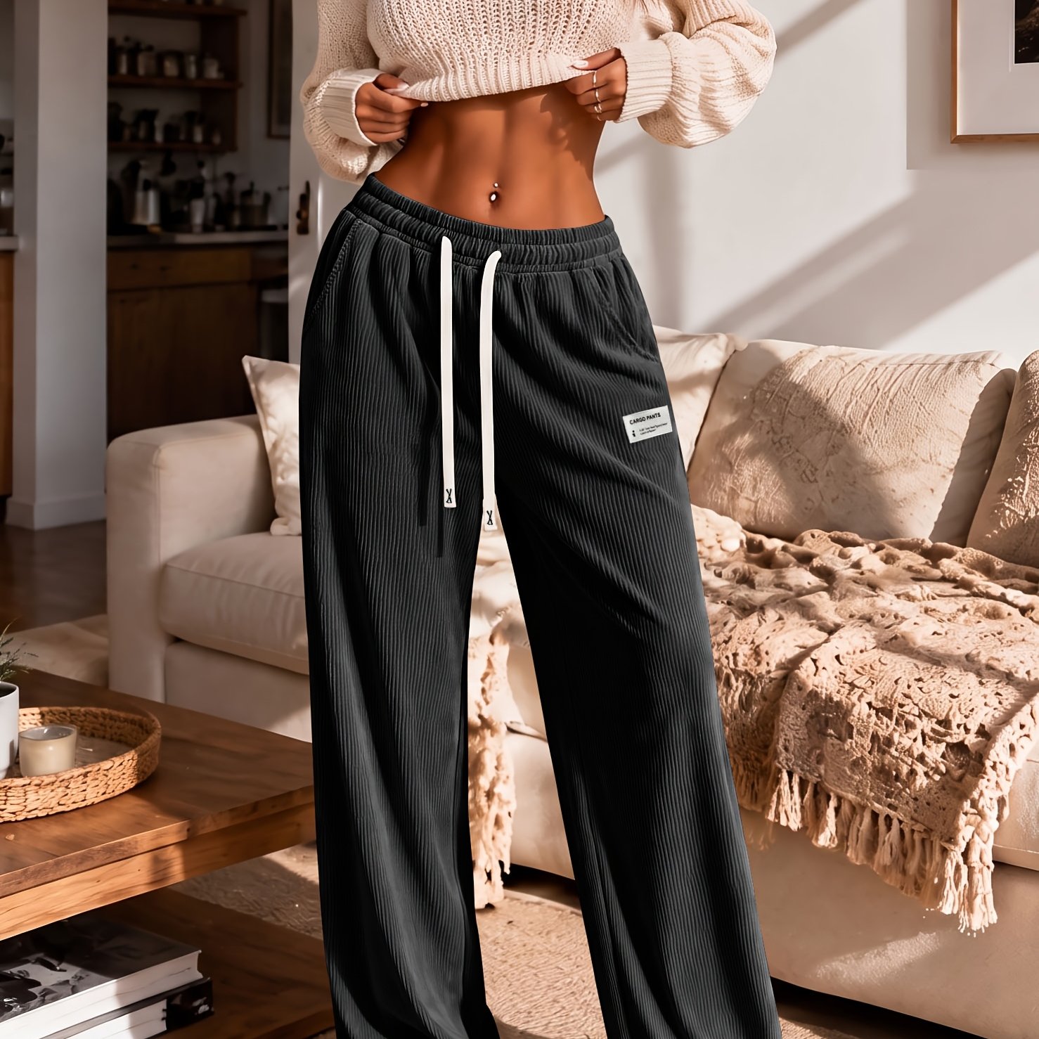TEMU Women's Lazy Corduroy Wide Leg Pants, Drawstring Elastic Waist, Slim Fit And Draping Trousers For Daily And Autumn