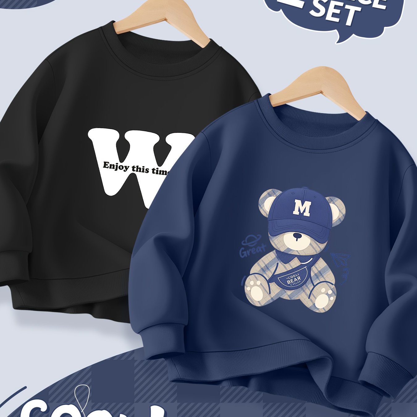 2pcs Boys' Casual Sweatshirt Set with Bear & Letter Graphics