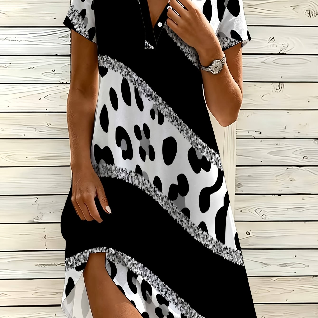 Image of Women's Fashion Shirt Dress, V-neck Button Dress, Black And White Leopard Print