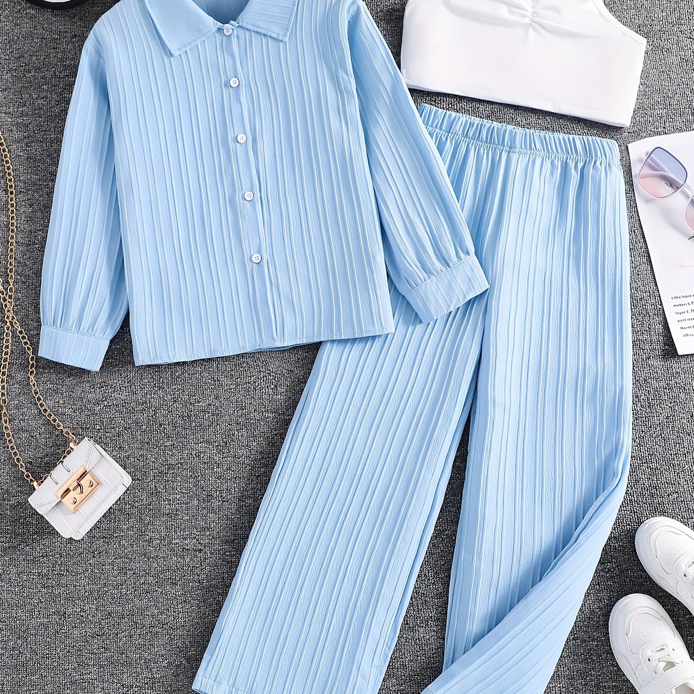 Girls' Spring/autumn 3pcs Set, Long Sleeve Collar Shirt, Camisole Vest, And Elastic Waist Long Pants, Suitable For Back-to-school, Graduation, Travel, Gatherings, And Parties, For Outdoor