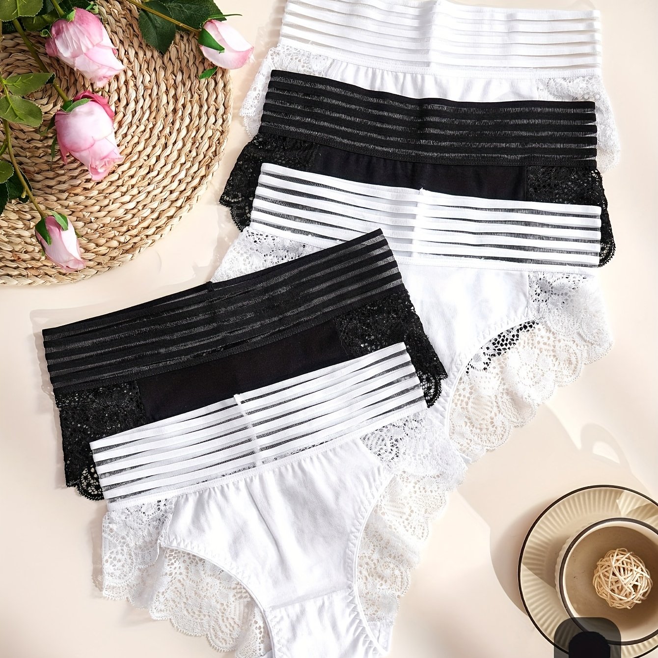 Image of 5pcs Women's Lace Fashionable Unique Sexy Panties - Hollow-out Hot, Pure Desire, Breathable, Comfortable, Triangle Underwear, Solid Black Luxurious Underwear