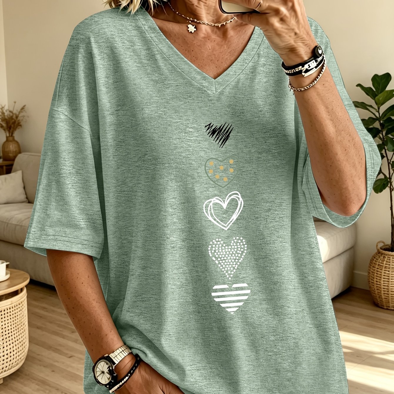 TEMU Plus Size, /summer Plus Size Women's Fashion Polka Dot And Stripe Hollow-out Heart Combination Print Loose Drop-shoulder Half-sleeve T-shirt,