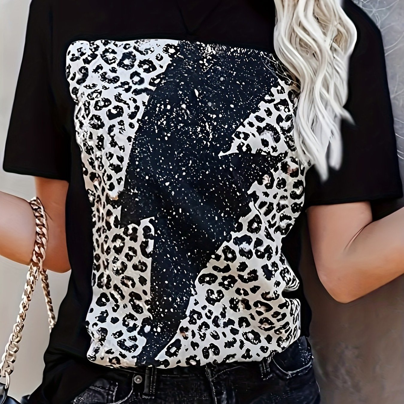 TEMU Leopard Print And Letter Print Round Neck T-shirt, Seasonal Casual Short Sleeved Shirt, Comfortable Polyester Fabric, Women's Pullover Top