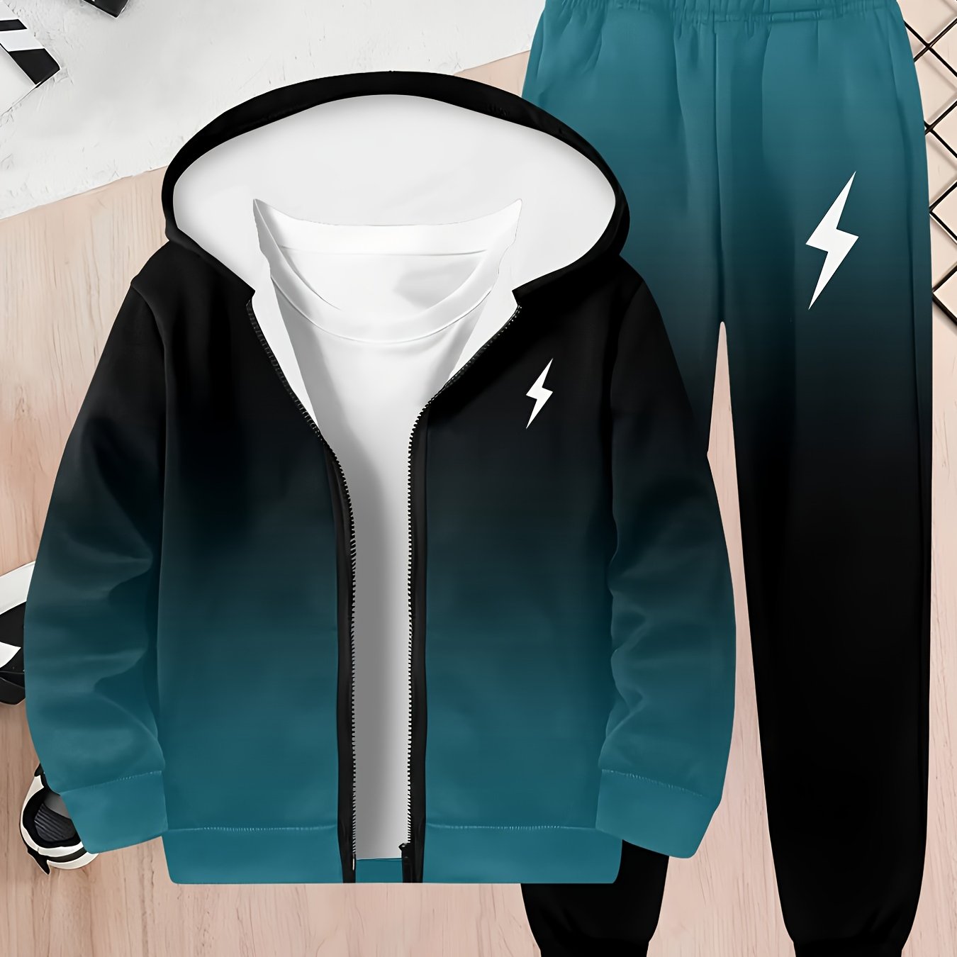 Image of 3d Print Cool Print Boys' Jacket And Trousers Suit For Autumn And Winter Hooded Zipper Cardigan And Trousers Fashion Daily Casual Long Sleeve Sportswear, For Outdoor, Boys Tracksuit Set