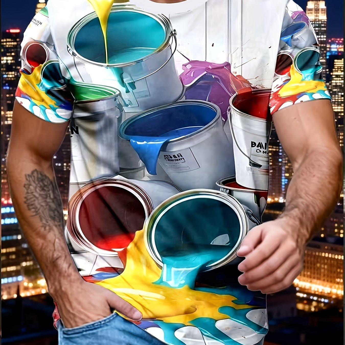 TEMU Colorful Paint Overflow Print Summer Trendy Athletic Short Sleeve Top T-shirt, Fashion Casual Fashion Clothing