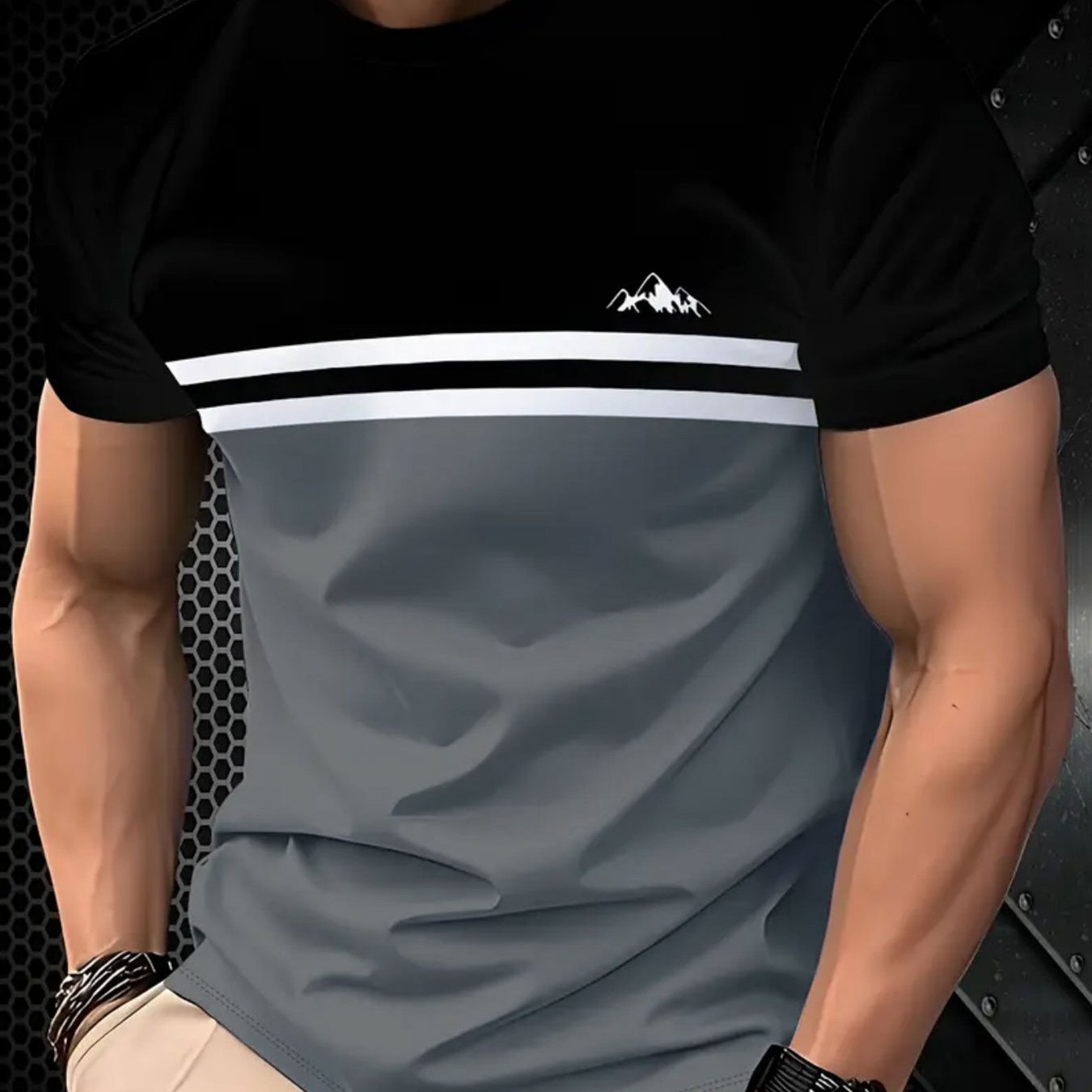 TEMU Fashionable Striped Men's T-shirt, Comfortable And Casual Summer Round-neck Short-sleeved Shirt, With Small Mountain Pattern Print Design,
