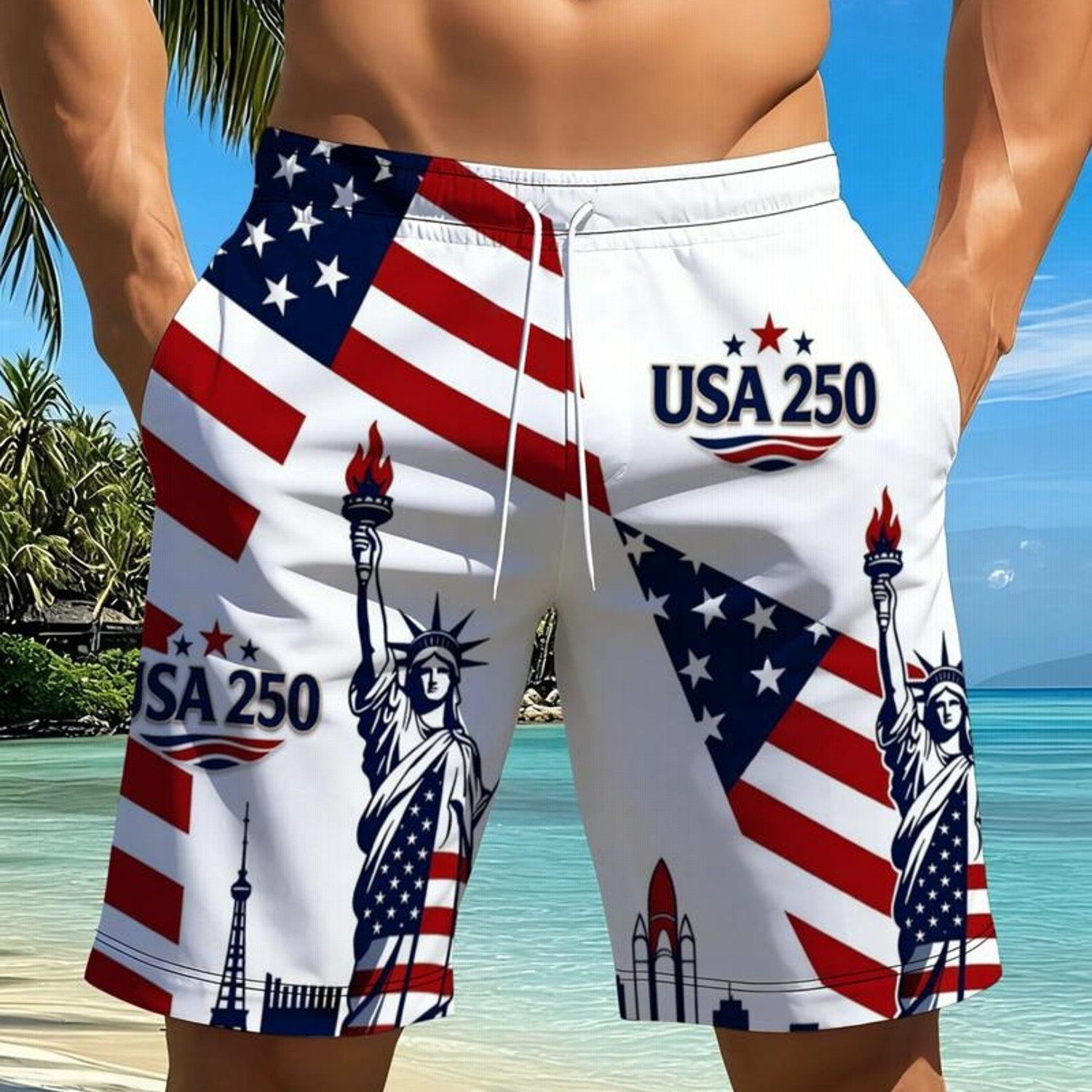 TEMU [printed Design - Not Textured] Plus Size Men's Shorts, 2026 's Patriotic Shorts, Mixed Colors, Multiple Sizes , Polyester Material, Casual