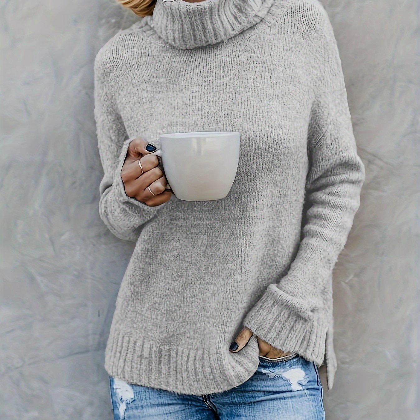 Elegant Turtleneck Sweater For Women - Cozy Long Sleeve With Side Slit, Fall & Winter, Machine Washable