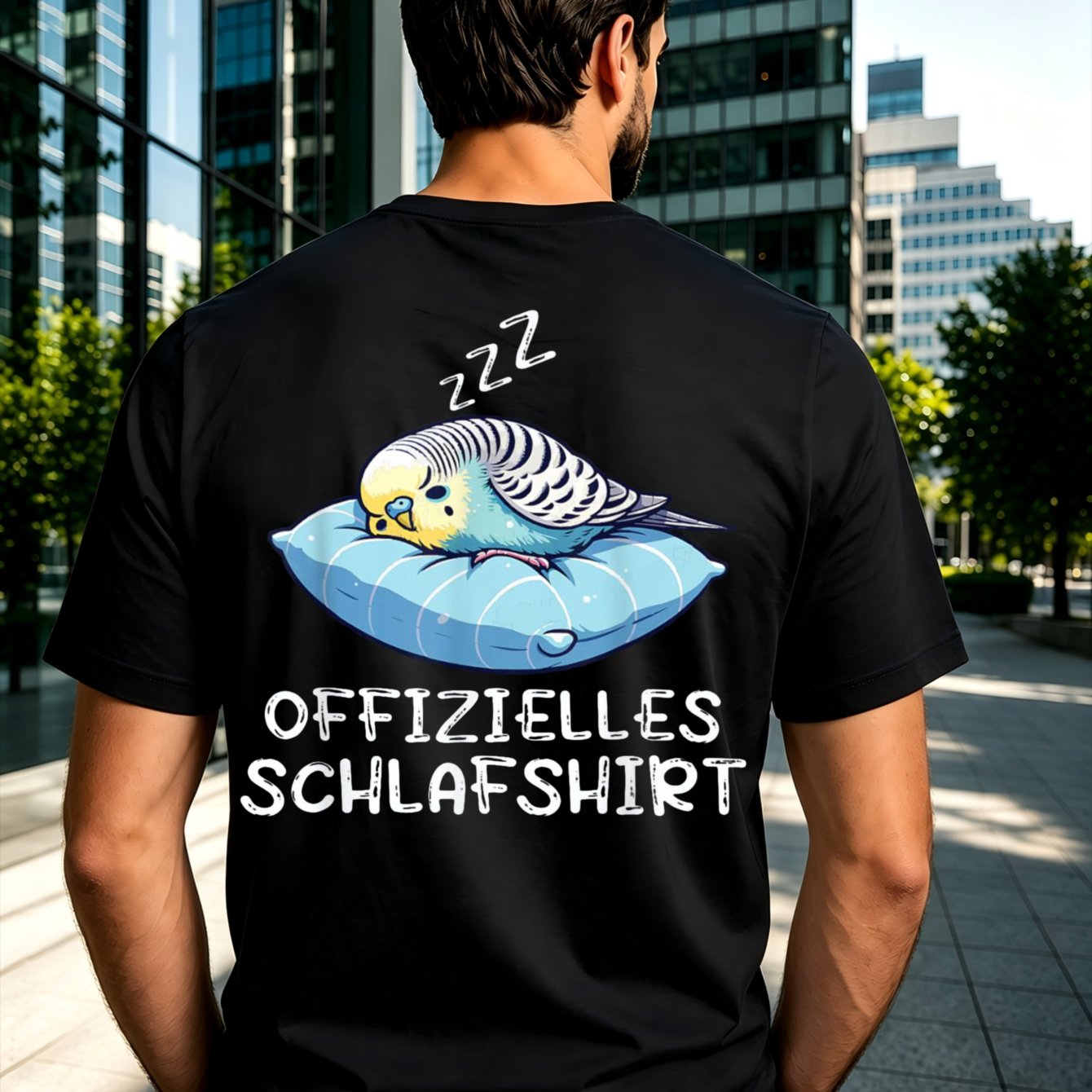 Image of Unofficial Sleep Shirt German Sp Humor With Cute Budgie Napping On A Blue Cartoon Men's T-shirt Back Print