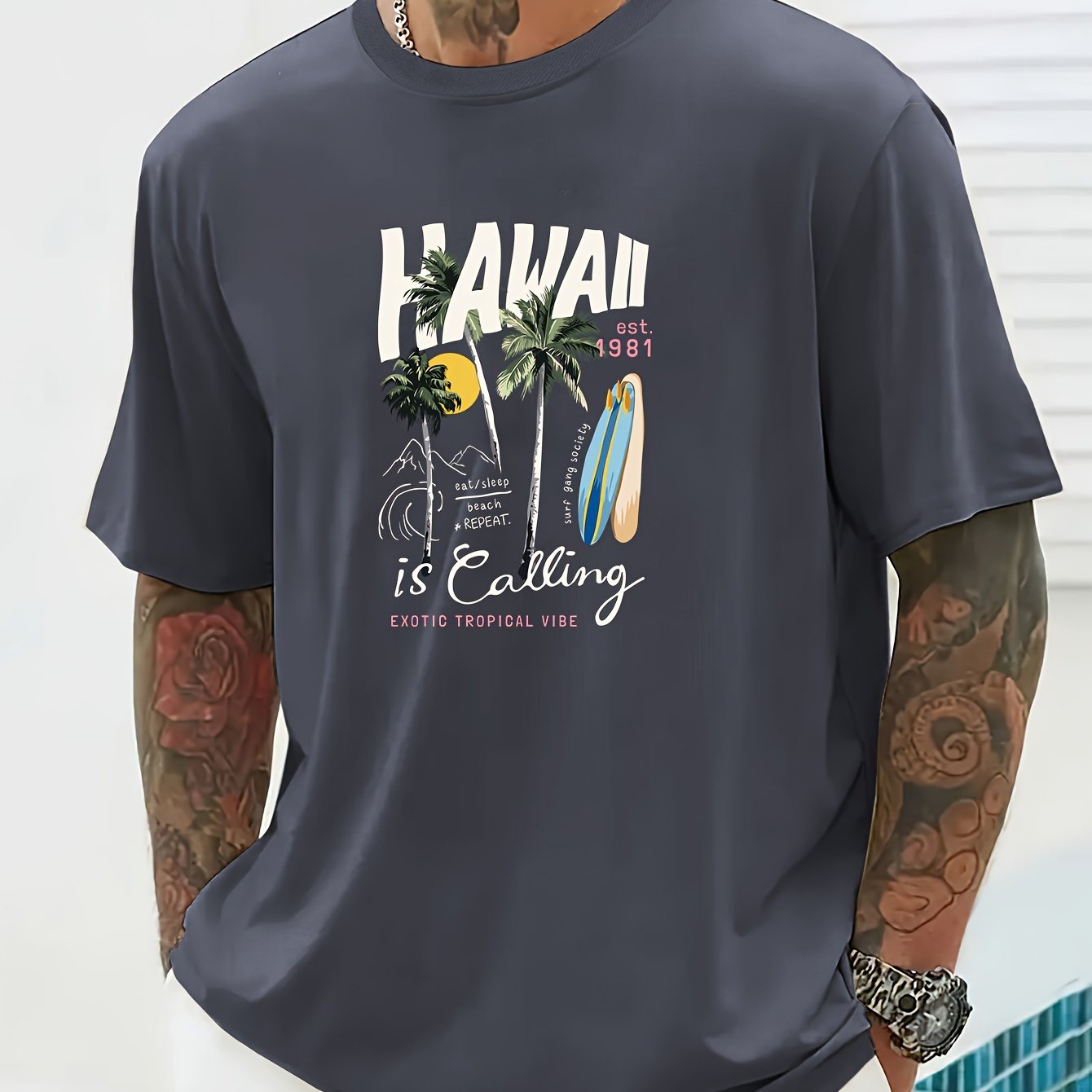 TEMU Men's Hawaii Is Calling Print Short Sleeve T-shirts, Comfy Casual Elastic Crew Neck Tops For Men's Outdoor Activities