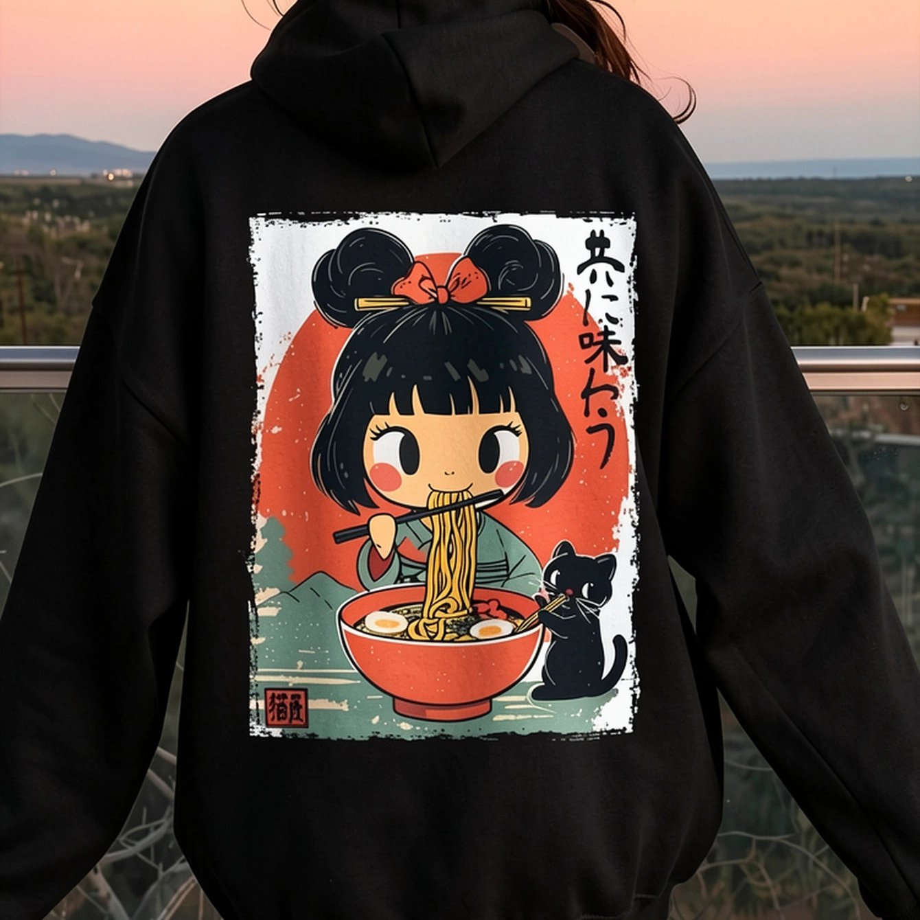 Image of Kawaii And Cat Graphic Hoodie, Unisex Hooded Sweatshirt, Long Sleeve Pullover With Drawstring Hood, Cute Cartoon Streetwear, Retro , Casual Loose For Fall Winter, Daily Wear, Travel And , Fleece