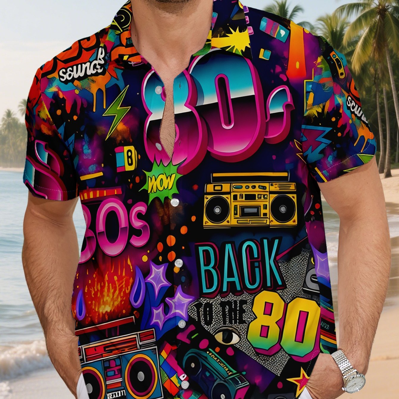 TEMU Men's Hawaiian Shirt Featuring A Vintage 80s Style With Music-themed Patterns, Designed As A Short-sleeve Button-up For Summer Wear