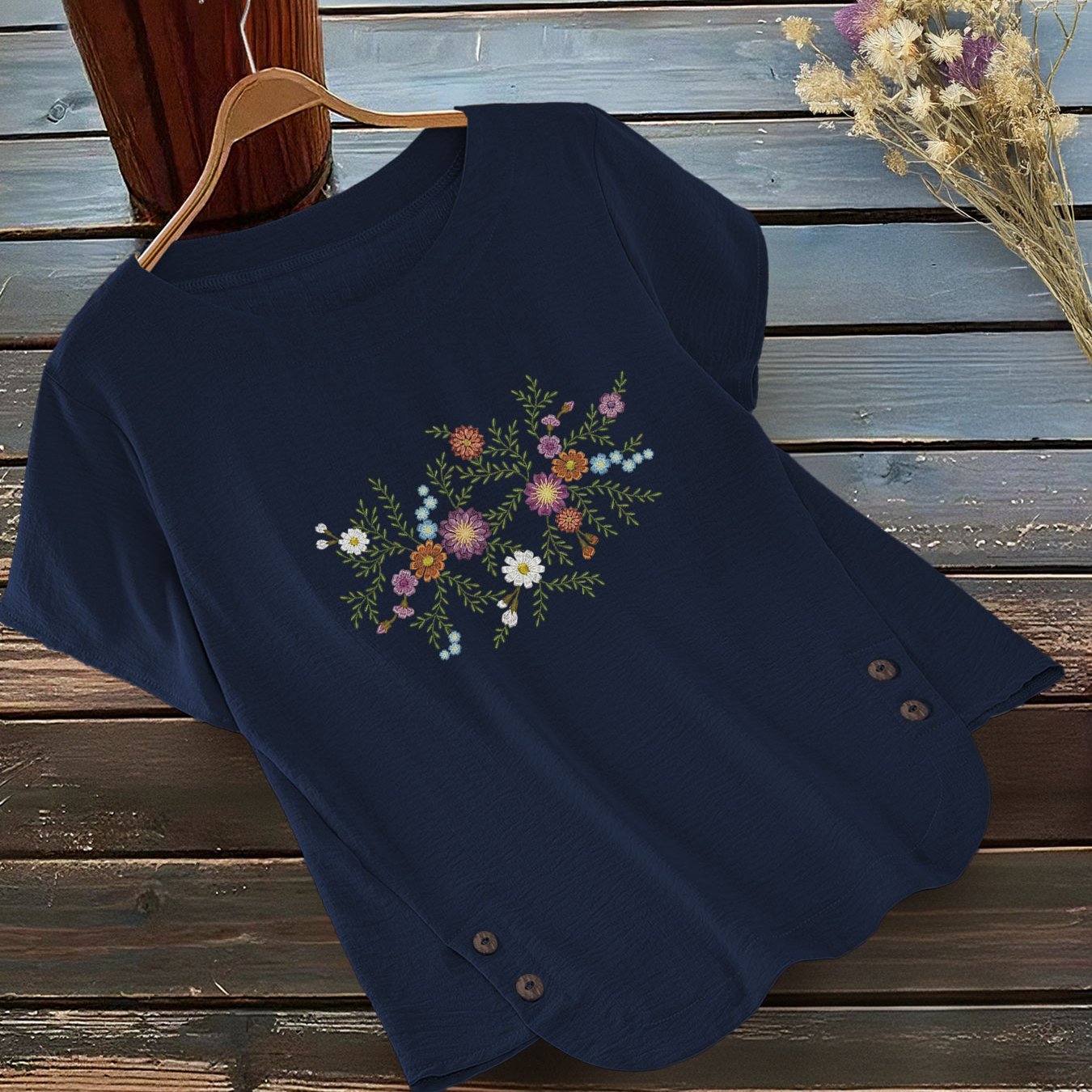 TEMU Women's Elegant Top, Vintage Style, Floral Botanical Faux Embroidery, Floral Embroidery Vintage Print, Daily Casual Short Sleeve Round Neck