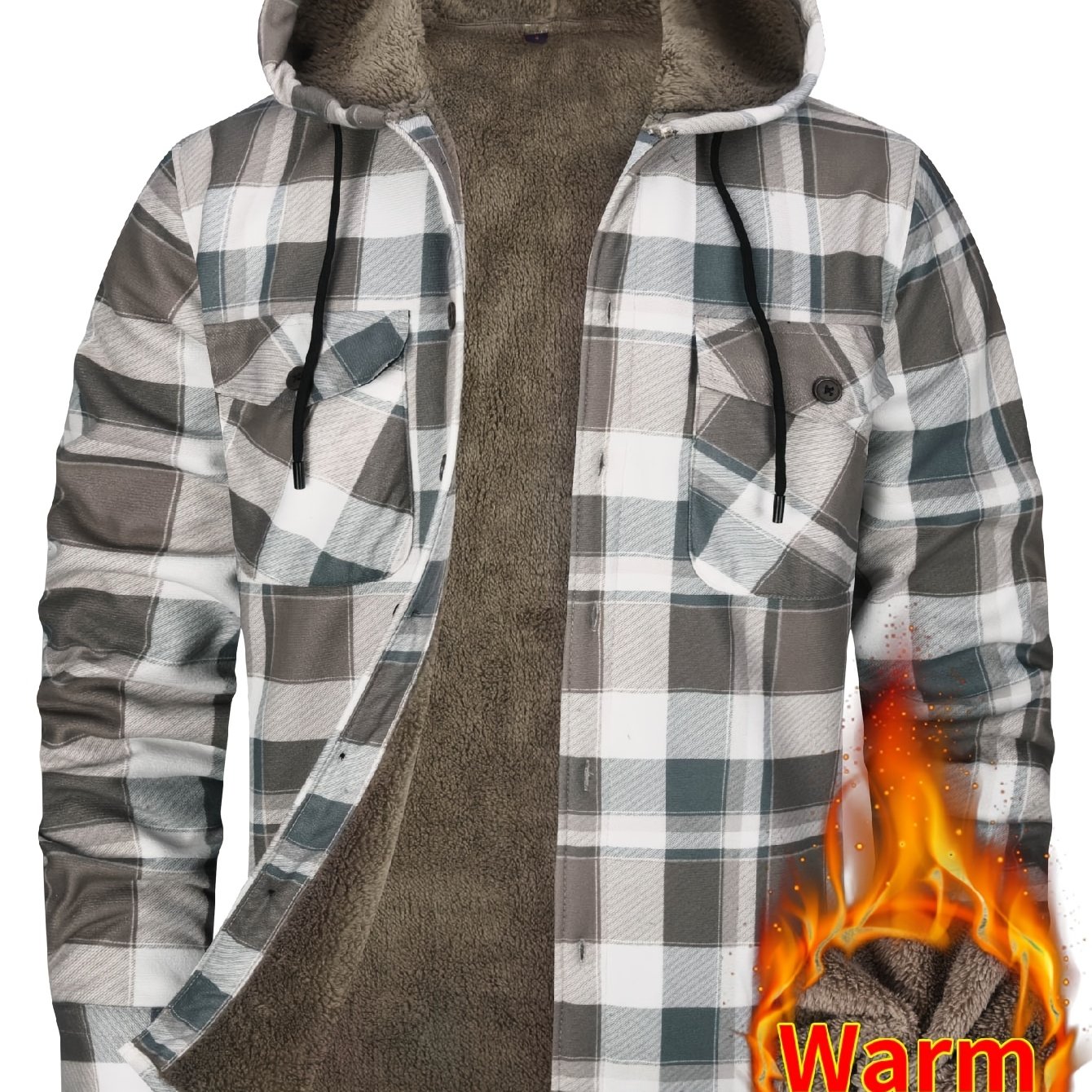 TEMU Men's Casual Workwear Style Thickened Long Plush Hooded Shirt Jacket With Autumn/winter Warm Lamb's Lining, Drawstring Hood, Long Sleeves, And