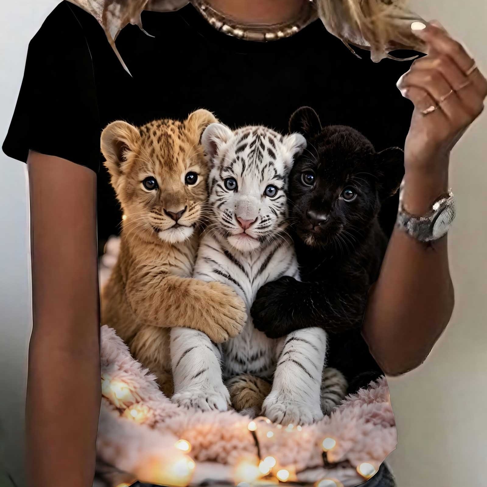 TEMU Women's Black Round Neck Short Sleeve T-shirt With Print - Soft Suitable For - Casual Top, Machine Washable Base Layer Shirt For Daily Wear &