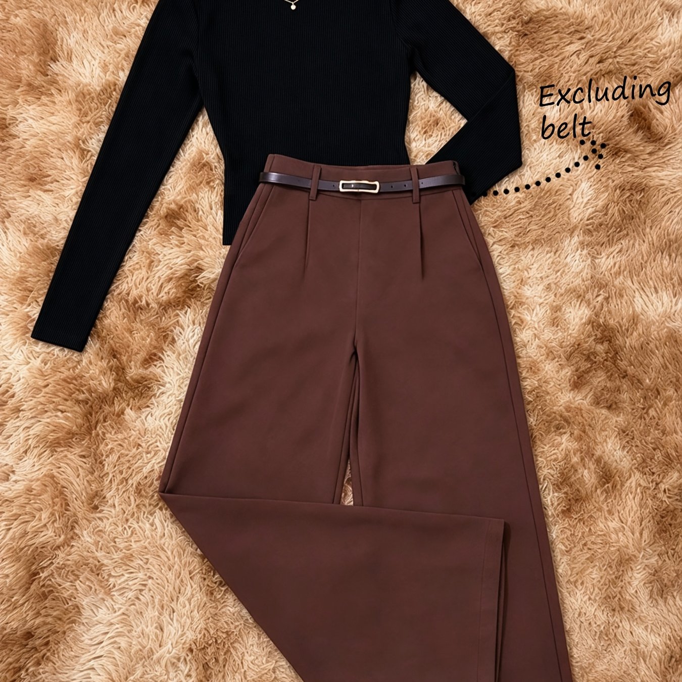 TEMU Casual Elegant, Long Sleeve High Neck Waist-cinching T-shirt And Solid Color Straight Long Pants, Women's Pants 2pcs Set, Suitable For Afternoon