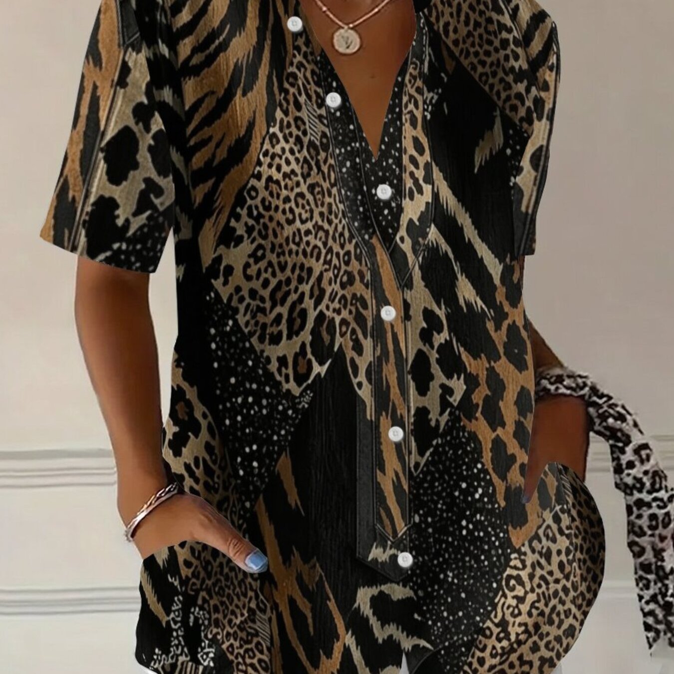 TEMU Women's Plus Size Short Sleeve Shirt, Loose Fit Base Leopard Tiger Print Full Print, Street Outing Date Outfit, Casual Cool Trendy Women's