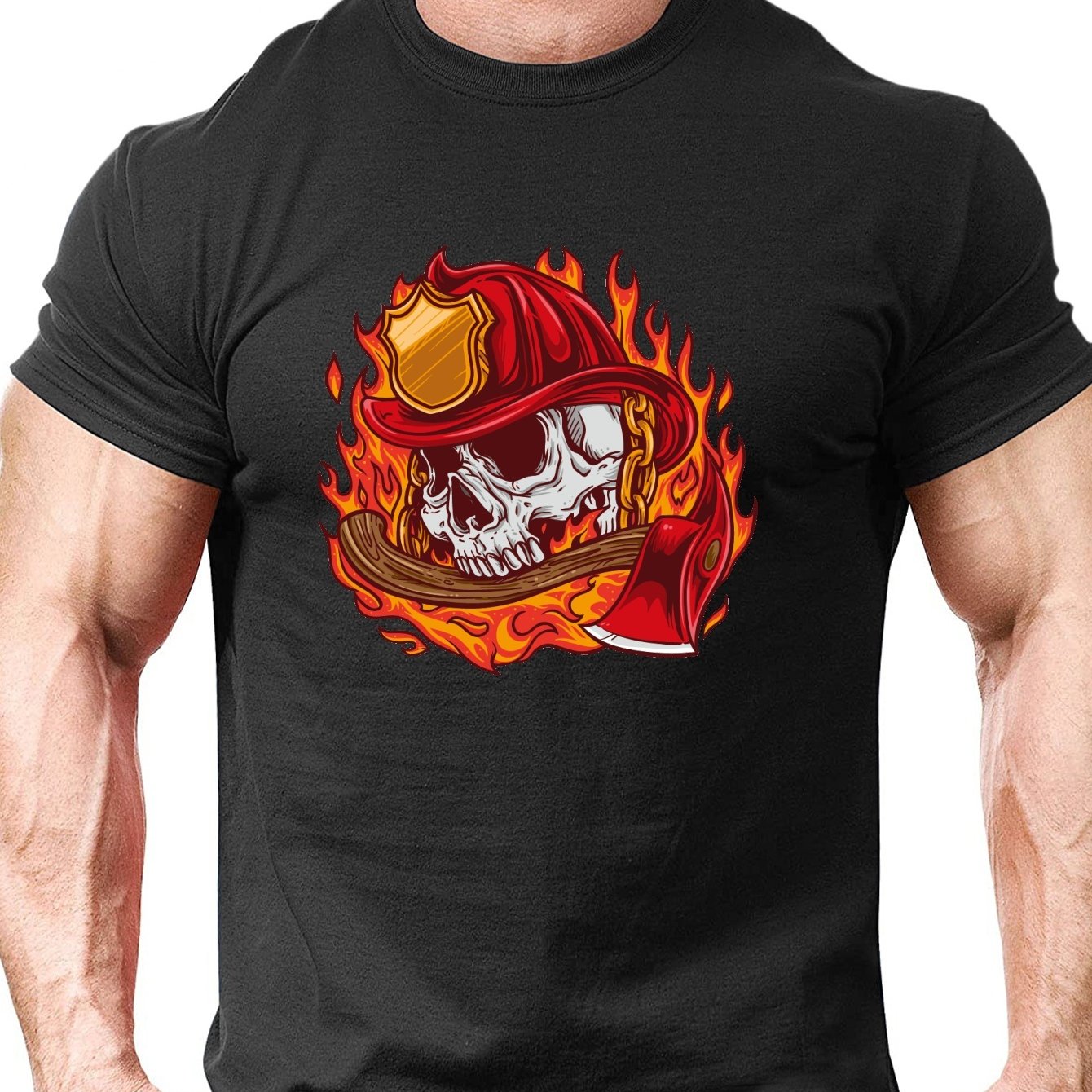 TEMU Plus Size Fire Print Men's Short Sleeve T-shirts, Comfy Casual Breathable Tops For Training, Jogging, Men's Clothing