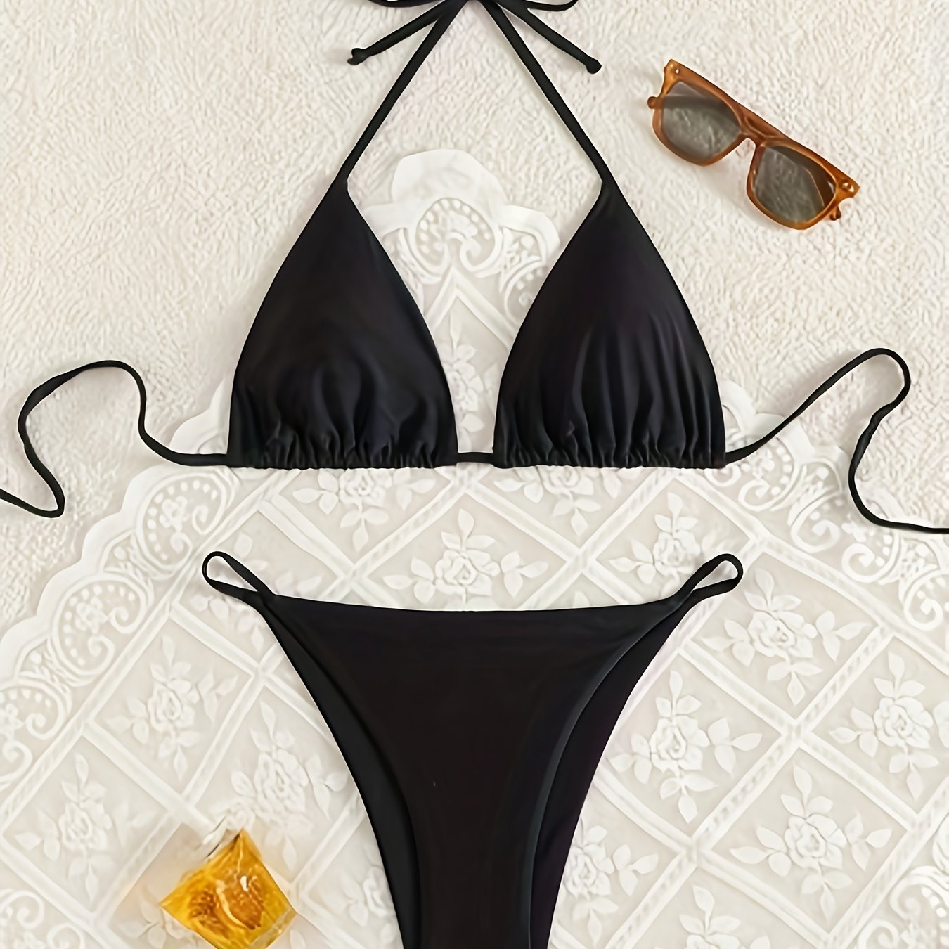 TEMU Women's High Stretch Solid Color Bikini Set | With Knotted Details