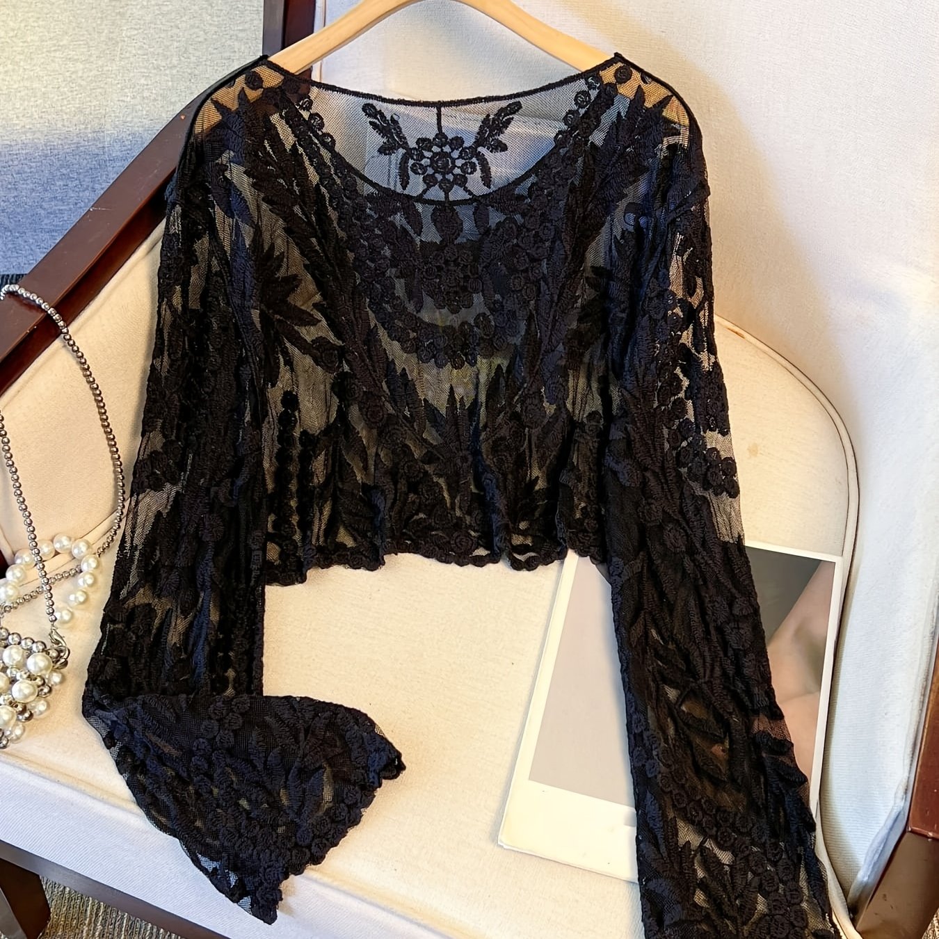 Image of Bohemian Style Women's Fashion Lace Embroidery Blouse Fashionable Short Long-sleeved Embroidery Mesh Round Neck Hollow Casual Versatile Style