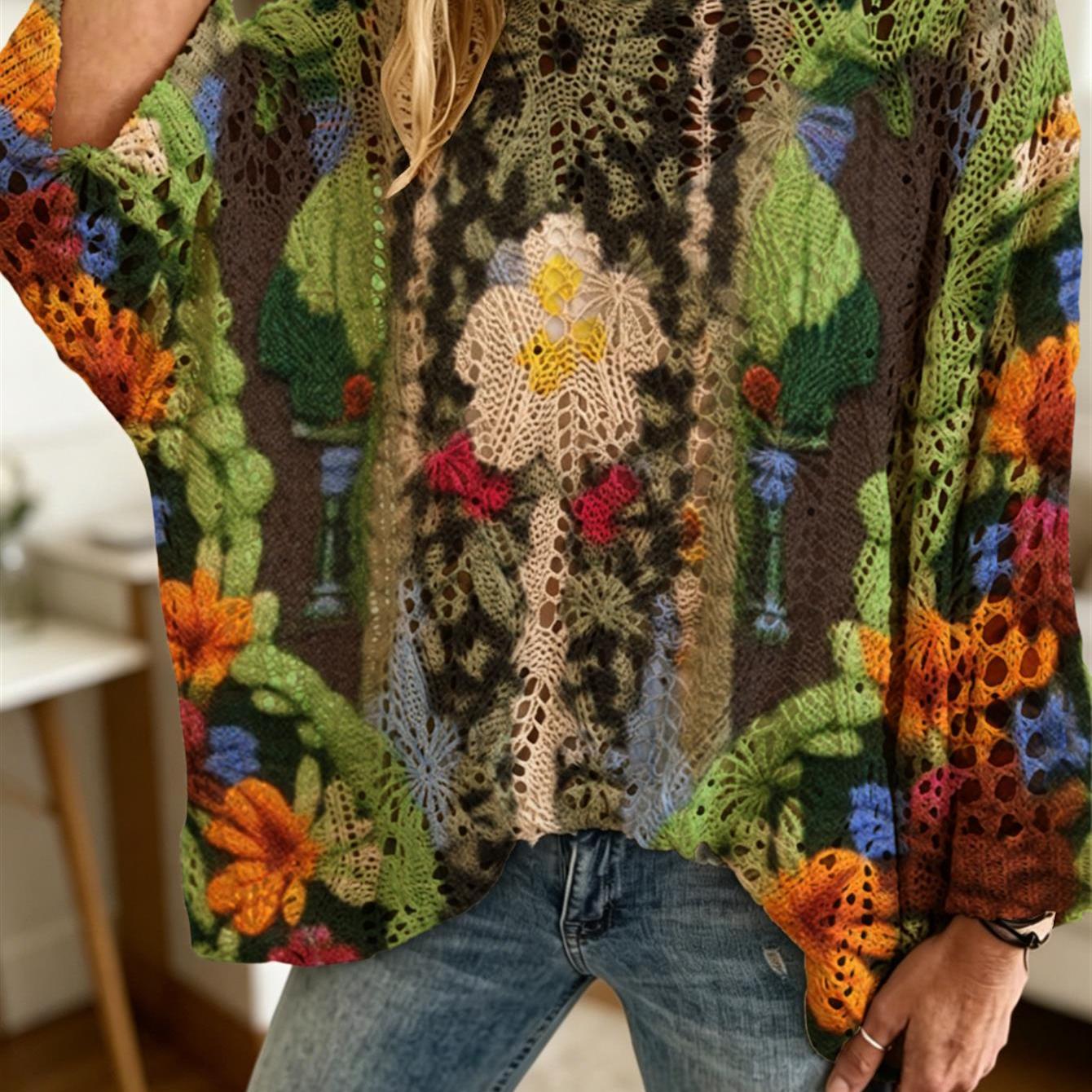 TEMU Pull Olive Femme à Volants avec Imprimé Floral et Géométrique Vibrant, Haut à Col Bateau et Manches Longues pour Vacances et Tenue Décontractée