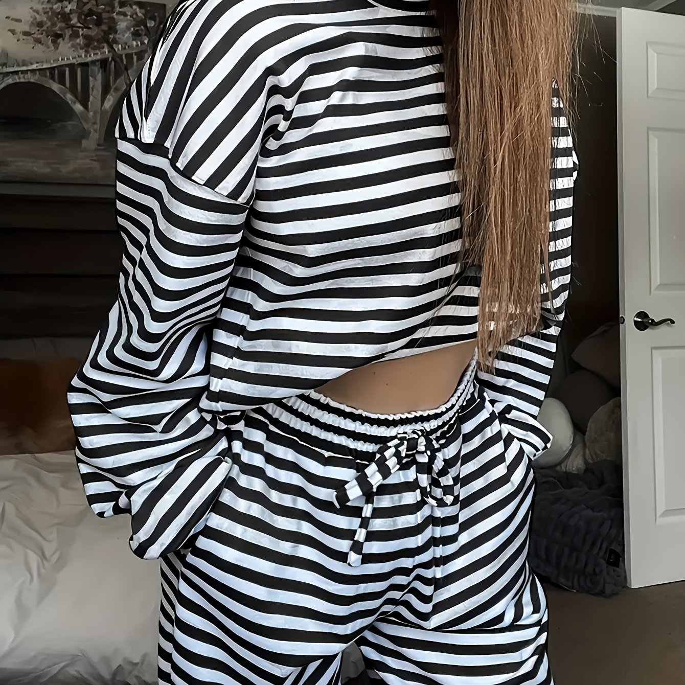 TEMU Women's Spring Autumn Striped Pajama Set, Double-pocket Long Pants, Decorative Drawstring Design, Contrast Round Neck, Soft Comfortable Loose